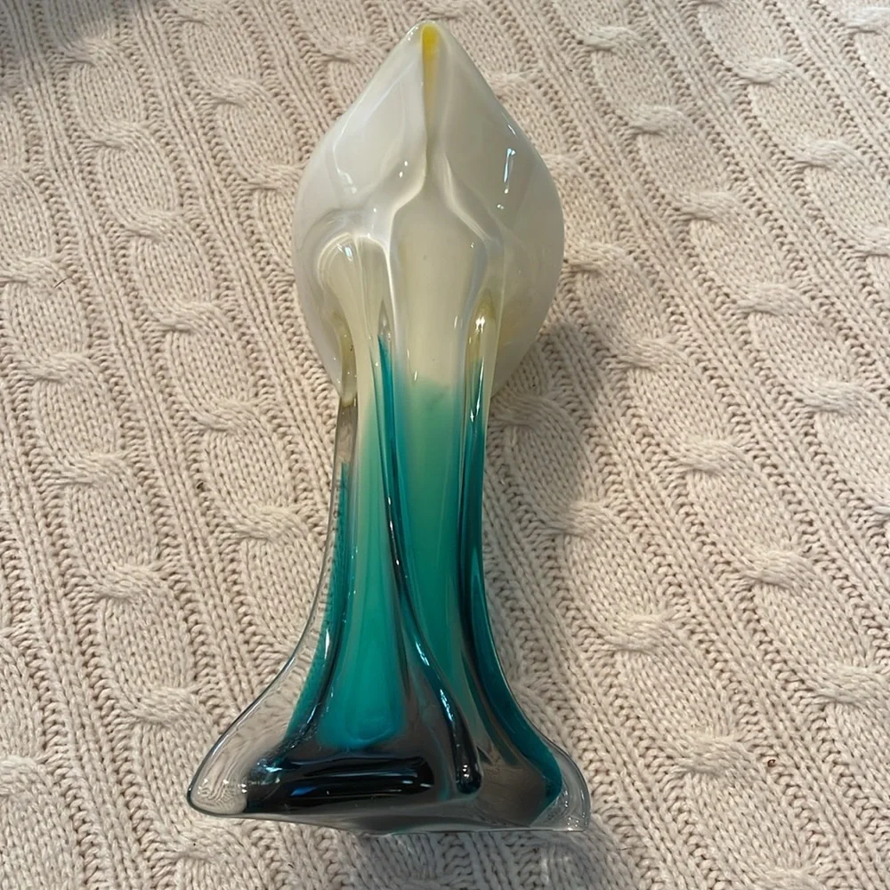 Art Glass Hand Blown Calla Lily/Tulip, Yellow/Teal/Glass Jack in the Pulpit Vase